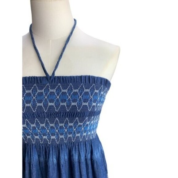 Lapis Blue Halter Strapless Smocked Dress S - Picture 3 of 5